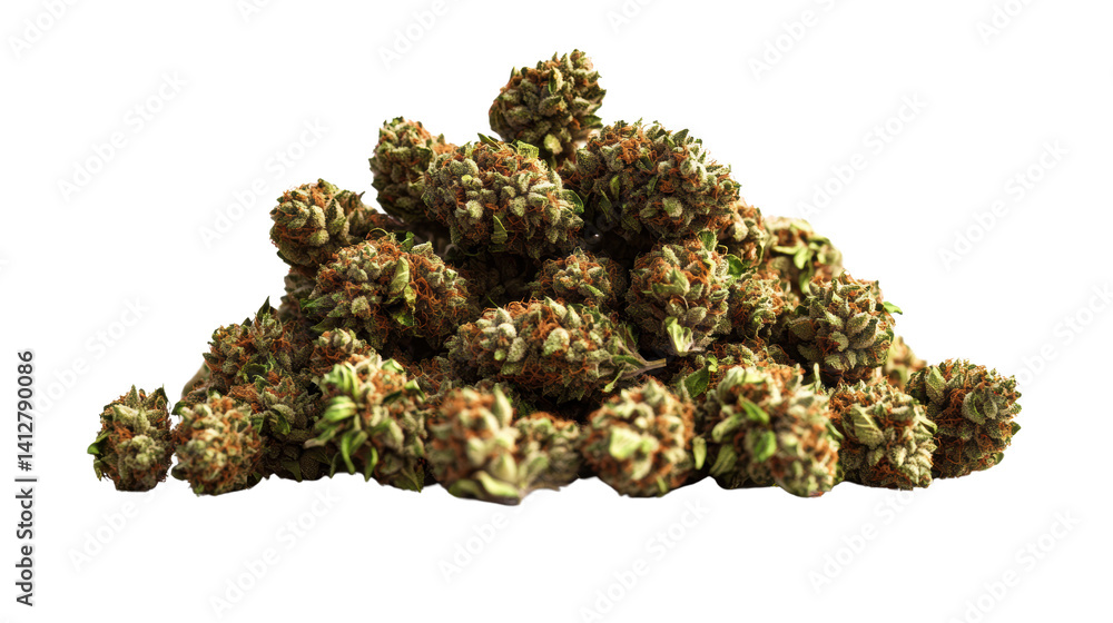 Poster closeup view of piled cannabis buds on a black background displaying their texture and color variati
