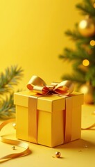 Golden bow adorns yellow gift Simple holiday sale design , promotional, golden bow
