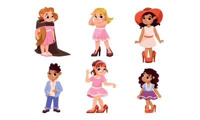 Children Dress Up as Adults Wearing Oversized Clothes Vector Set