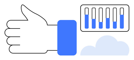 Thumbs-up hand supporting positive analytics chart with cloud accentuating technology and growth. Ideal for success tracking, quality assurance, data integration, digital marketing, business