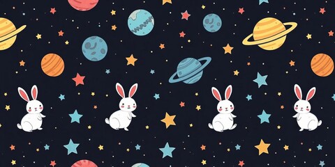 Adorable hand-drawn space pattern featuring bunnies, planets, and stars Ideal for textiles & wallpapers, cosmic, night sky