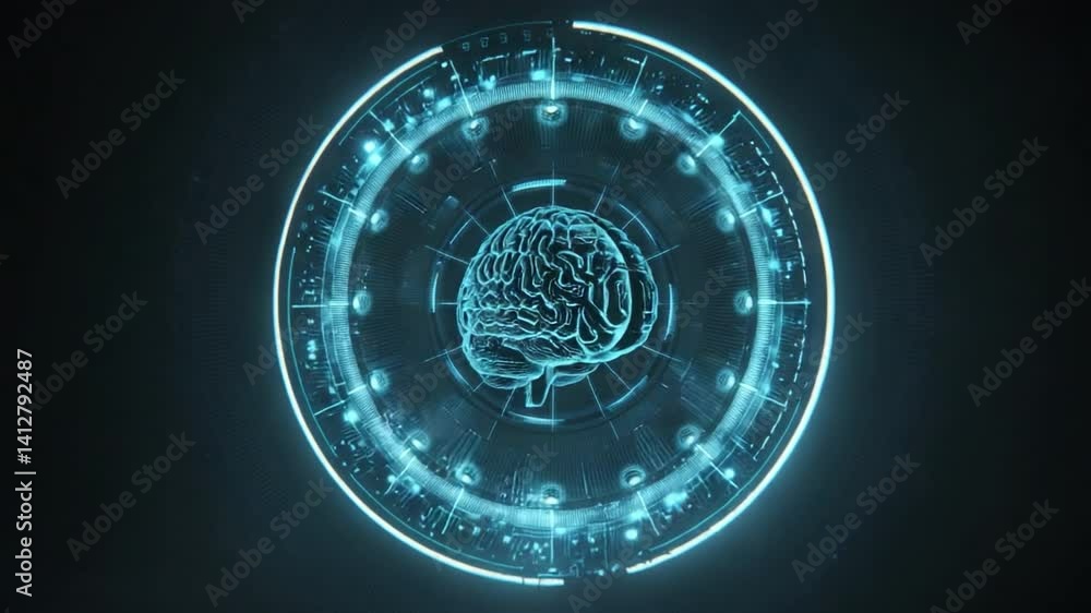 Poster a machine learning brain symbol designed with abstract circuitry, centered in a futuristic holograph