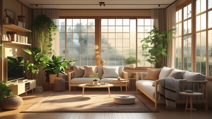Warm Japan living room with minimalist wood furniture, soft textiles, and indoor plants Sunlight streams through windows in highly detailed photorealistic style