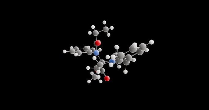 Carfentanil molecule, rotating 3D model of analgesic, looped video on a black background
