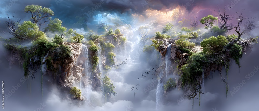 Poster a waterfall is shown in the middle of a forest
