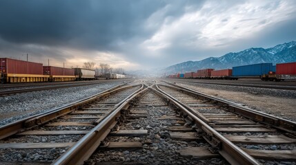Fototapeta premium Scenic train track leading to majestic mountains in the background representing the journey of supply chains