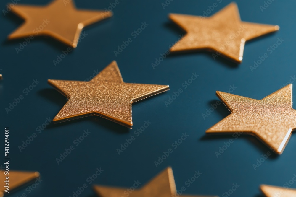 Poster gold star rating system on dark background for user interface design and feedback
