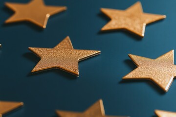 Fototapeta premium Gold star rating system on dark background for user interface design and feedback