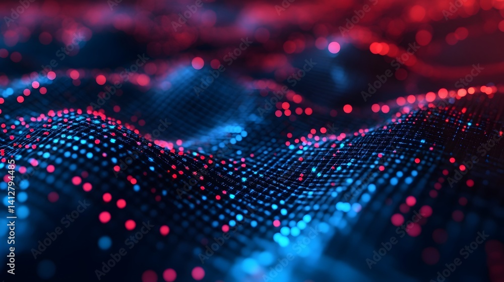 Poster futuristic data processing with glowing blue and red particles in technological background