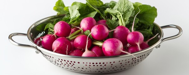 In a metal colander, a collection of vibrant pink radishes is showcased against a simple white background