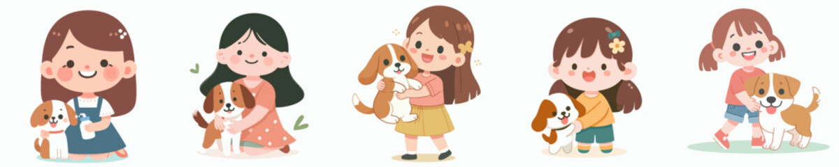 vector set of little girls with pet dogs