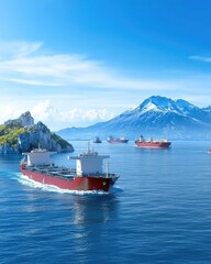 Fototapeta premium Scenic View of Cargo Ships Navigating through a Calm Ocean with Mountains and Islands under a Clear Blue Sky