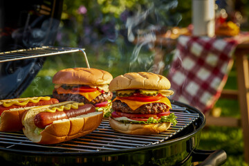 Juicy grilled burgers and hot dogs on a BBQ grill, smoke effect, backyard summer party, appetizing food close-up