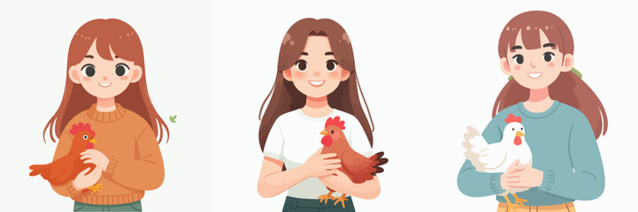 vector set of women with pet chickens