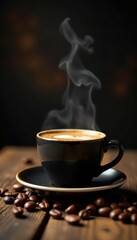 Fototapeta premium Steaming espresso, roasted beans, rustic wood , dark, caffeine