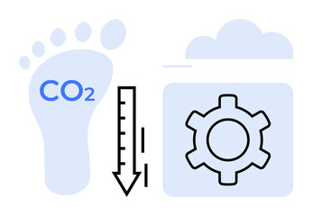 Carbon footprint with CO2 text, downward arrow for reduction, settings gear for innovation, cloud for sustainability. Ideal for eco-friendly initiatives, green tech, energy efficiency, climate