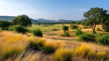 Warm Golden Hour Light Over Savanna Grasslands and Rolling Hills