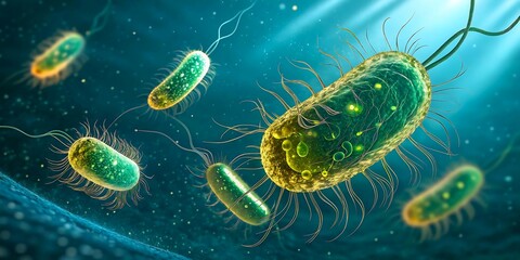 Microscopic Glowing Bacteria with Flagella in Fluid Environment: High-Resolution Microbiology Illustration