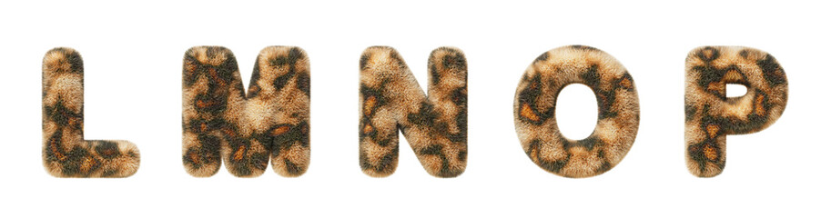 3d leopard font, fluffy alphabet letters L, M, N, O, P with animal fur texture and spotted pattern. Furry plush and shaggy English letters with cheetah skin print, isolated render set. 3D illustration