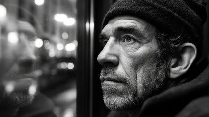 Fototapeta premium An elderly man who has weathered the wind and frost sits by the window, the reflection of the street interweaving with his tired eyes, captured in black and white texture effect