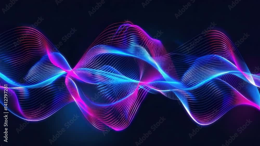 Poster colorful abstract wave patterns dynamic visual design in blue and pink, representing modern digital 