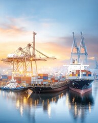 Fototapeta premium Vibrant Sunset Over Busy Container Port with Cranes and Ship Docked at the Pier in a Tranquil Harbor Scene