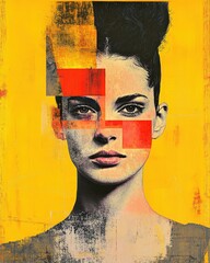 A woman stands confidently, her face adorned with a vibrant abstract painting featuring bold colors and swirling patterns, creating a striking contrast against her natural skin tone.