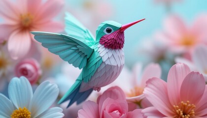 Fototapeta premium Adorable Paper-Folded Hummingbird Geometric Art, Mint Green, Pink Beak, Pastel Flowers