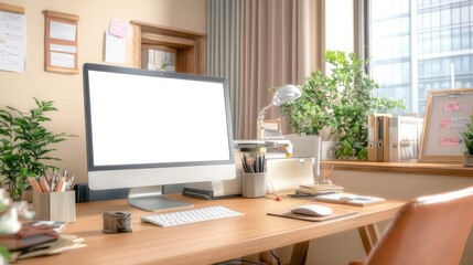 Bright and Spacious Modern Office Workspace with Computer, Lamp, Plants, and Organized Desk Stationery for Productive Work Environment