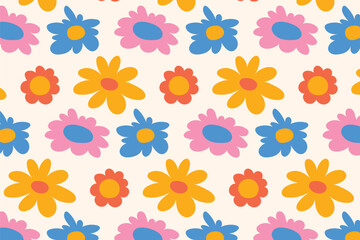 A floral pattern featuring retro-style daisies in a cheerful pastel color palette. Ideal for packaging, textile, web, and stationery design.