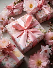 A close-up of gift boxes wrapped in floral paper and tied with pink ribbons, surrounded by spring flowers.