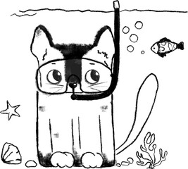 Doodle funny cat illustration. Cat sitting underwater with diving mask