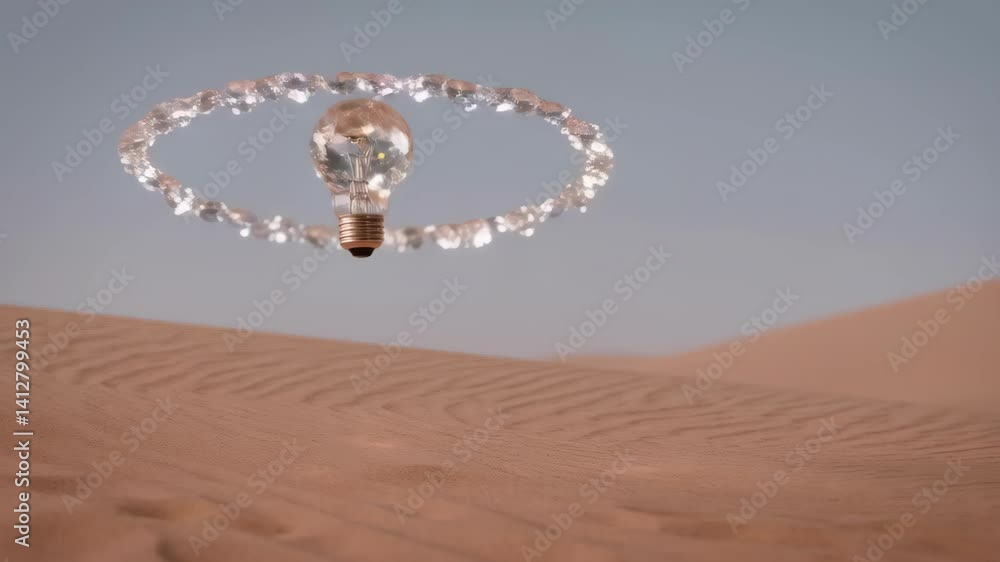 Poster floating crystal object hovering over sand dunes, illuminated by soft sunlight against a clear sky.