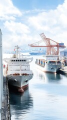 Cargo ships at busy port with cranes and container terminals under bright sky and calm water reflecting urban skyline and industrial operations