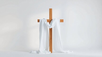 simple wooden cross draped with flowing white cloth