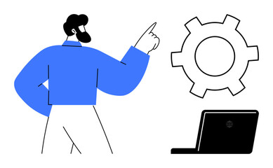 Man pointing to a gear next to a laptop. Ideal for teamwork, technology, workflow management, digital tools, process improvement, leadership concepts, simple landing page