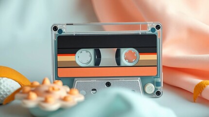 cassette tape featuring retro color accents in teal, peach, and mustard