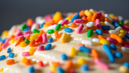 close up of a frosted cake with sprinkles