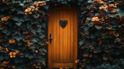 Rustic wooden door adorned with lush greenery