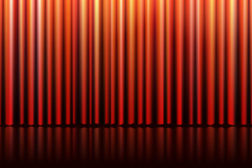 Elegant red velvet stage curtain with floor reflection and soft illumination. Realistic vector backdrop for theater, film premiere, concert or cultural event. Perfect for banner or grand opening scene