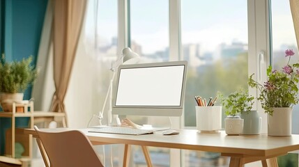 Bright and Modern Home Office Workspace with Desktop Computer, Potted Plants, and Natural Light Coming Through Large Windows