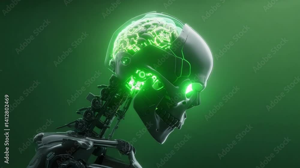 Poster a robotic ai head concept featuring partial digital skull and glowing brain interface isolated again