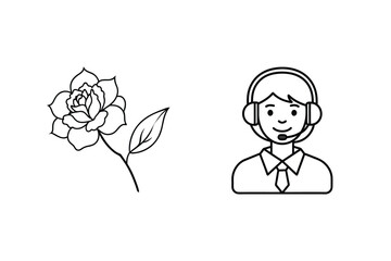 Minimalist Icon Set Featuring A Rose And Customer Service Representative In Black And White Outline Style