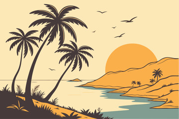 20 Tropical sunset landscape, silhouetted palm trees, large yellow sun, warm orange sky, beach coastline, tranquil water reflection, minimalist style, vector art, flat design, warm color palette, sere