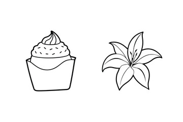 Outlined Cupcake With Sprinkles And Detailed Lily Flower Line Art Illustration For Coloring And Design Projects