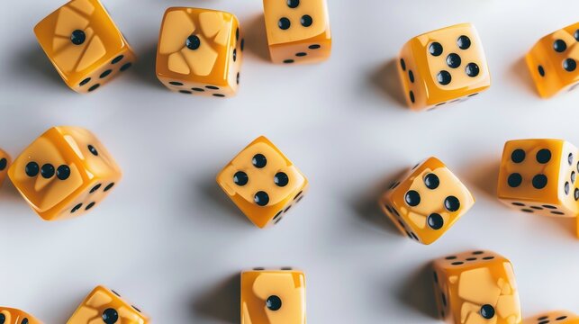 Colorful yellow dice scattered on a clean surface create a playful atmosphere with random numbers showing