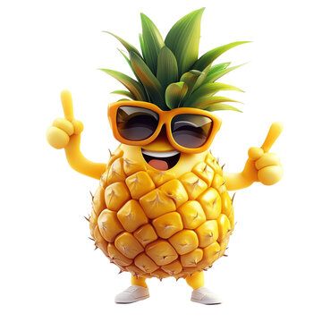 Happy pineapple wearing sunglasses pointing up joyful tropical fruit character