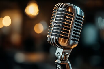 A classic microphone takes center stage in a vibrant music venue filled with warm lighting, creating an inviting atmosphere for performers and guests alike