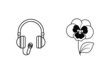 Headphone With Microphone And Heart Shaped Pansy Flower Line Art Vector Illustration Isolated On White