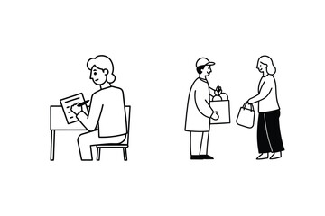 Business Work At Desk And Delivery Scene Doodle Illustration In Vector Minimalist Outline Style